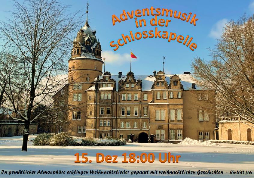 Im Hintergrund das Detmolder Schloss mit Schnee darauf die Einladung zur Adventsmusik in der Schlosskapelle